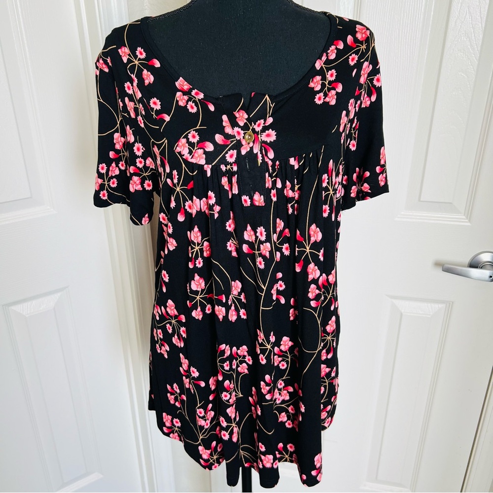 🌺 New! POPYOUNG Ruffled Hem Soft Pleated Blouse w Pink Flowers Size XL or 16/18